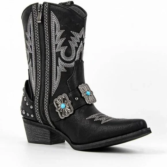 Women's Black Ankle High Embroidery Pointed Toe Cowgirl Boots Rodeo Country - Picture 3 of 4